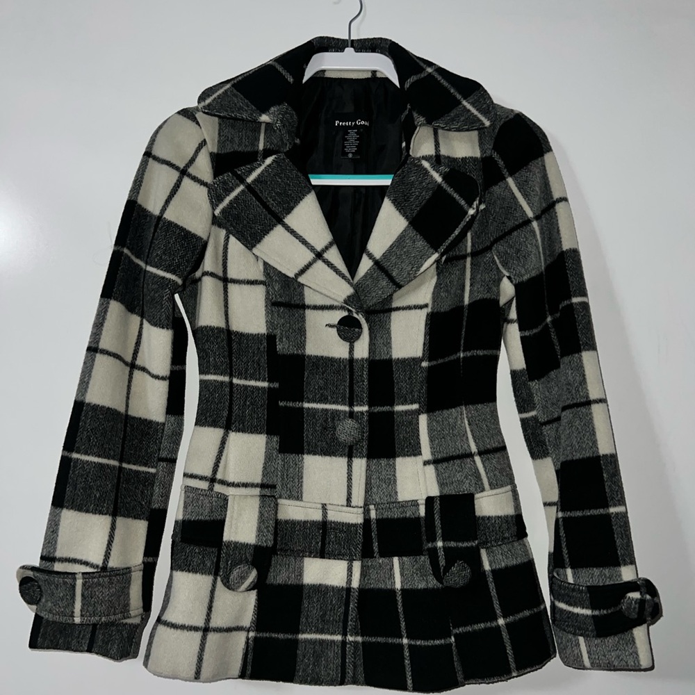 PRETTY GOOD Wool Blend Pea Jacket,  Black/Off White, Buffalo Plaid, Lined, Sz S